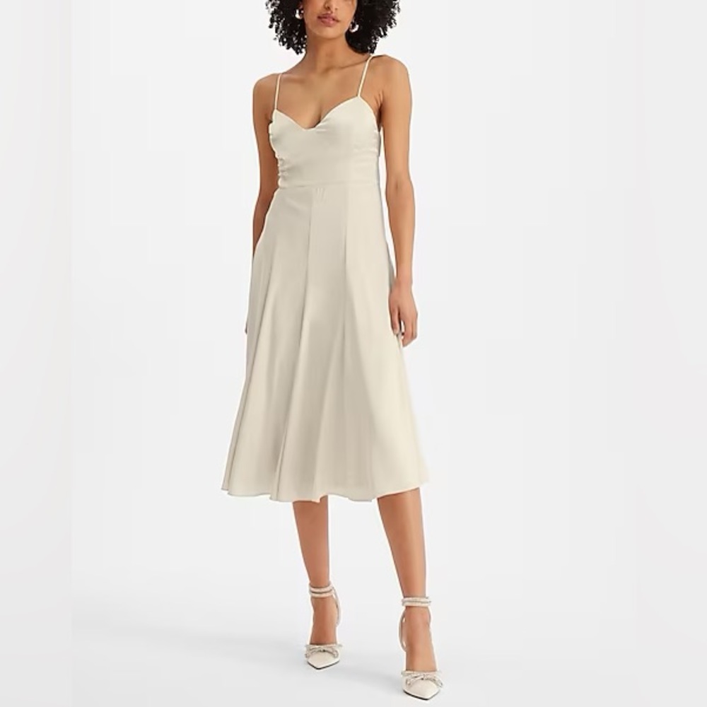 Satin V-Neck Back Cutout Midi Slip Dress Champagne - Size Large